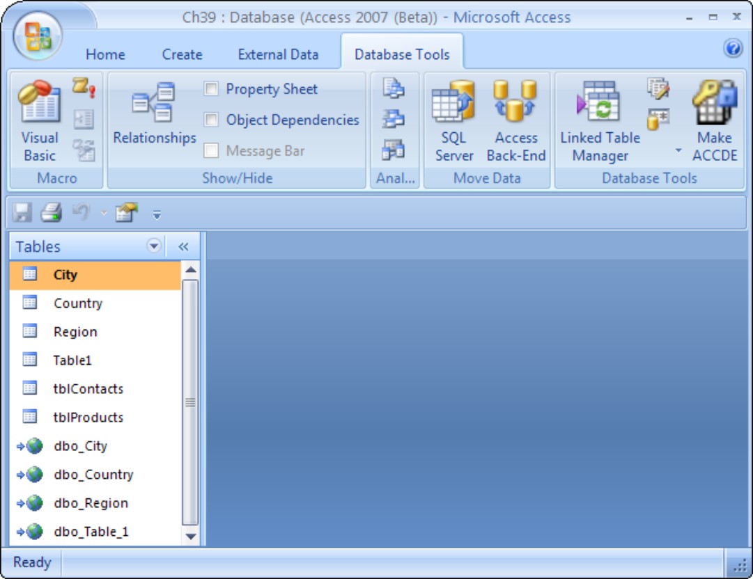 The Access 2007 tables in the Chapter40.accdb database